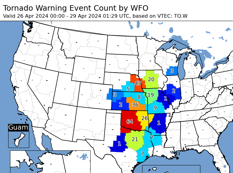 Number of tornado warnings issued by National Weather Service offices since Friday morning. @NWSNorman has issued more than 60. #okwx @spann