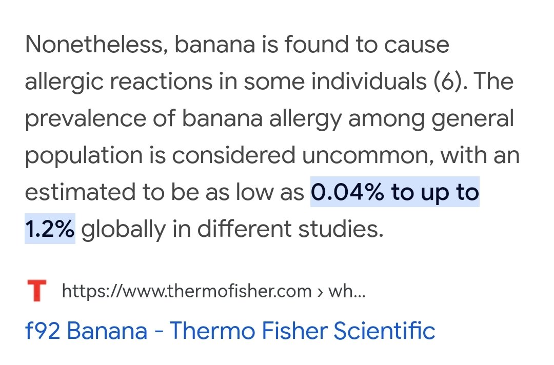 @mamoun_linda @UCLA How do these groups  always contain people who have extreme variants of ailments that are incredibly rare. I've attached the percentage of people who have any form of banana allergy (get itchy) and of those the amount that get Anaphylaxis is so low there isn't even a statistic,…