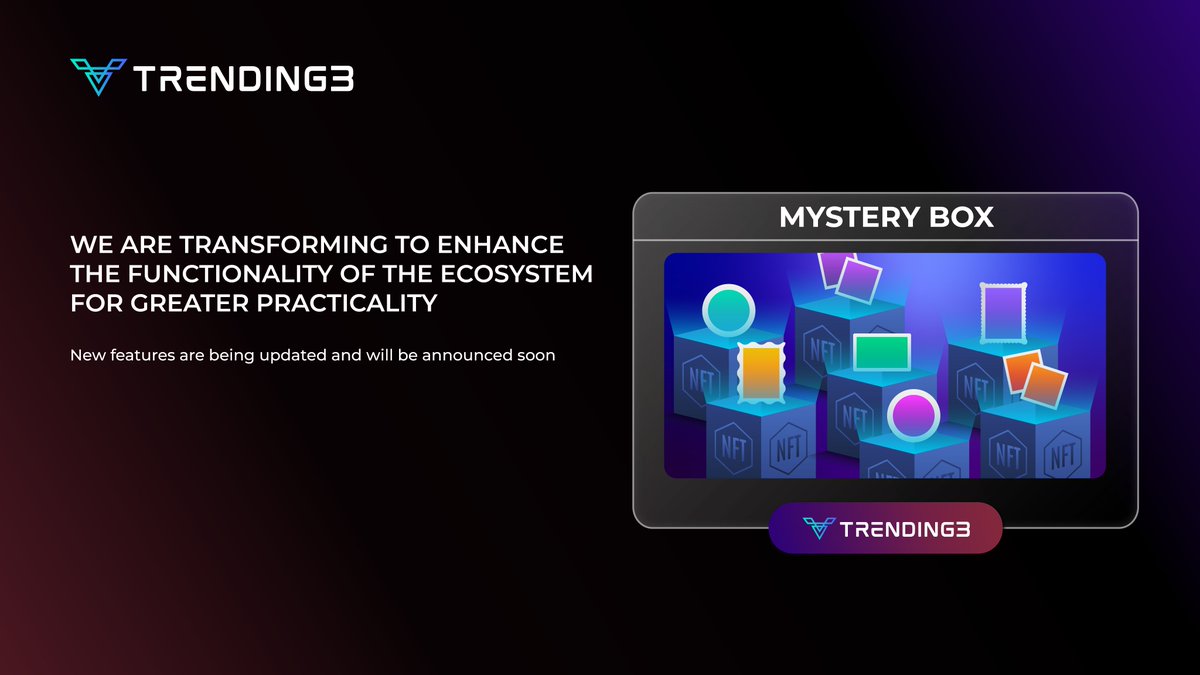Trending3_US's tweet photo. 🚀 Big news, #Trending3 community!

We are transforming to enhance the functionality of the ecosystem for greater practicality.

✨ The mystery box revealed #NFT Cards of varying quality, each with its own weight ratio, adding to the excitement of the reveal.

📝 Quick look at new features:

✅ Administrator rights?
✅ Flexibility in conversion?
✅ #Stake for mining?
✅ Accumulate points for users?

🧩What makes you most excited? Let us know in the comments! We'll reveal all when Trending3 officially comes out. Stay Tuned! 🌟