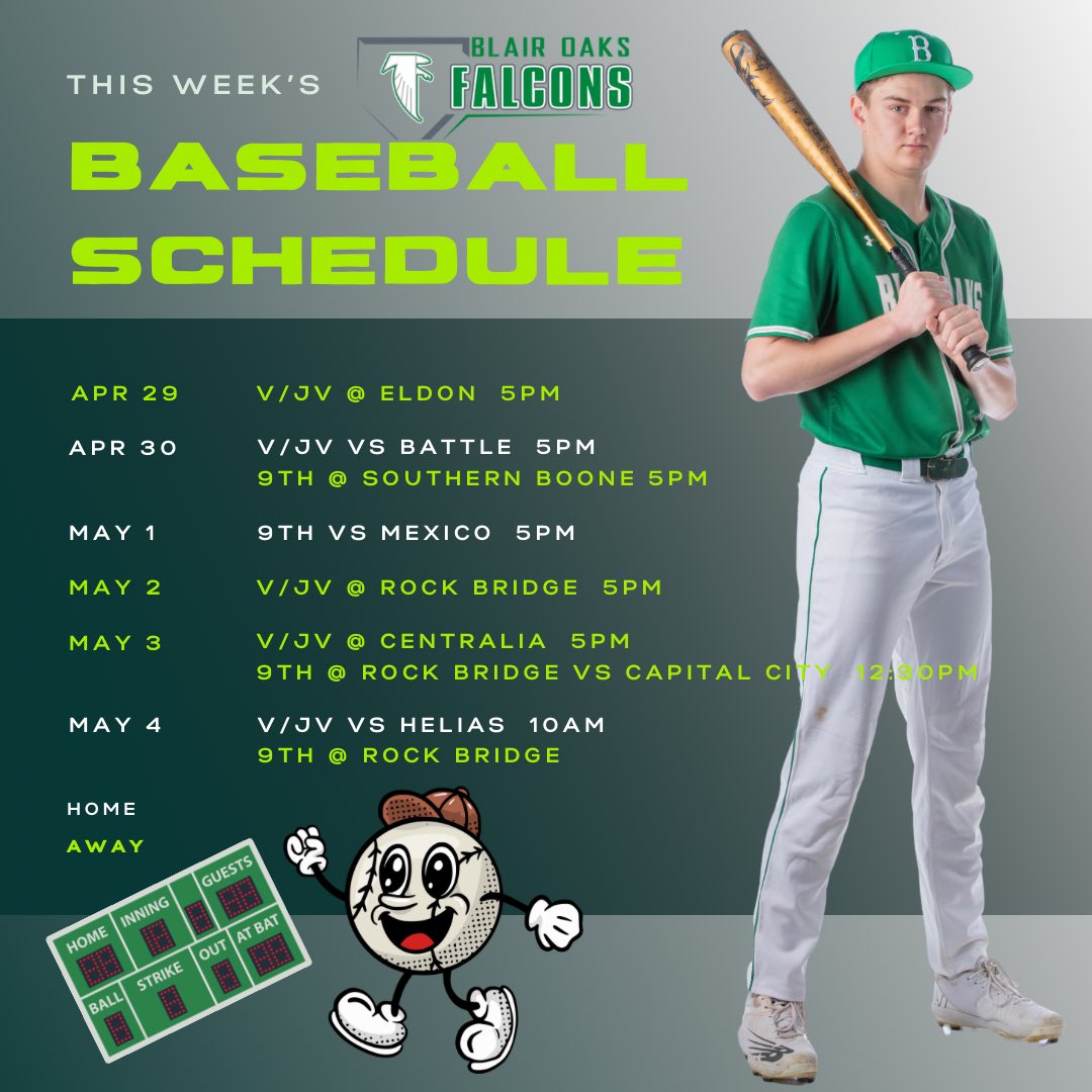 This week in Falcon Baseball…6 days straight full of your favorite game & team! 💚

#WeAreBlairOaks #baseballseason