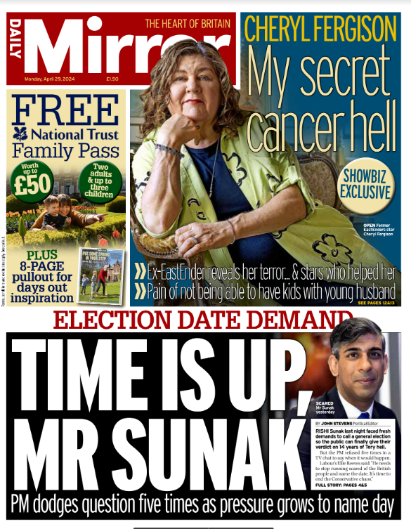 Monday's front page: Time is up, Mr Sunak

#TomorrowsPapersToday

mirror.co.uk/news/politics/…