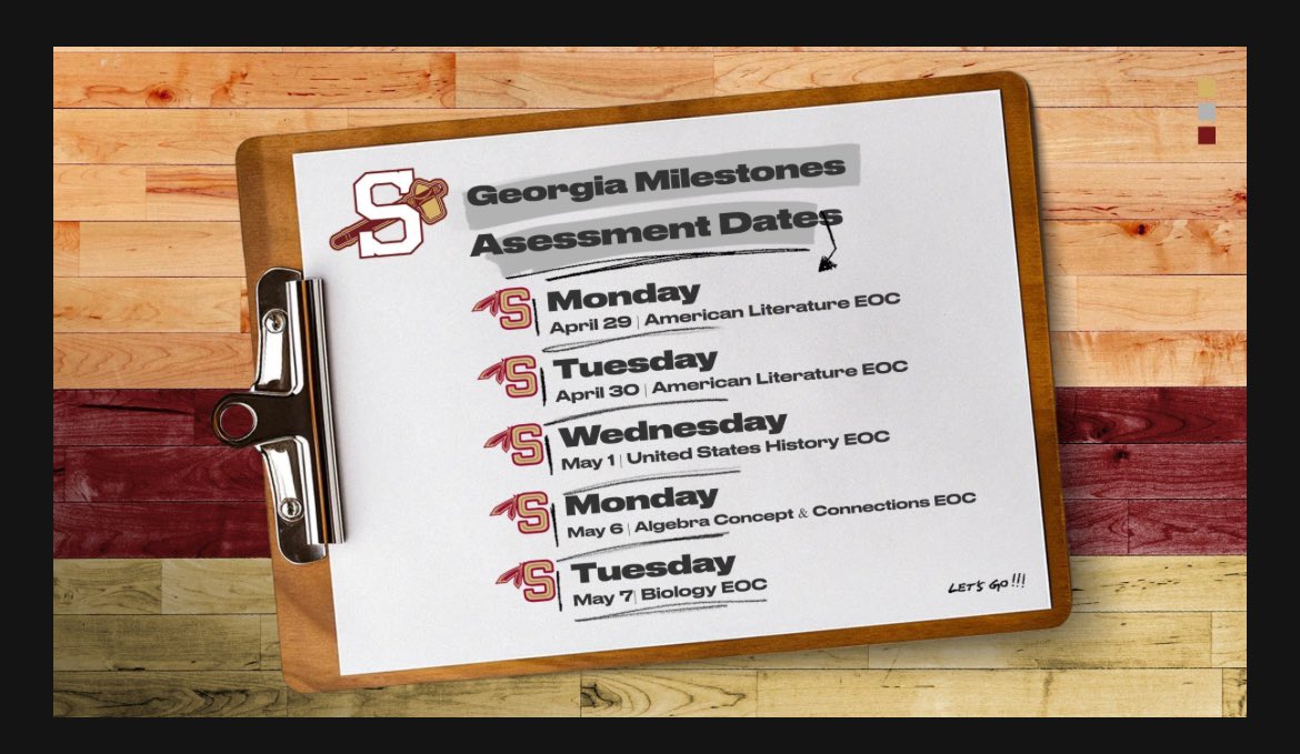 Exciting news - Georgia Milestone End of Course testing starts tomorrow! Our students are fully prepared and will demonstrate mastery! Please ensure they bring a fully charged laptop, complete any updates, get plenty of rest, and arrive at school on time. 

#setforsuccess