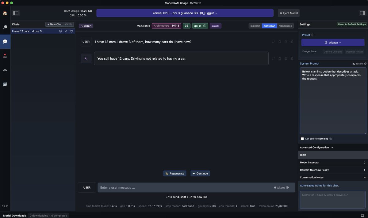 Pretty cool that I have my own fine-tuned model working in @LMStudioAI now. Rather successful weekend learning about fine-tuning, quantizing models etc. Here's to more!