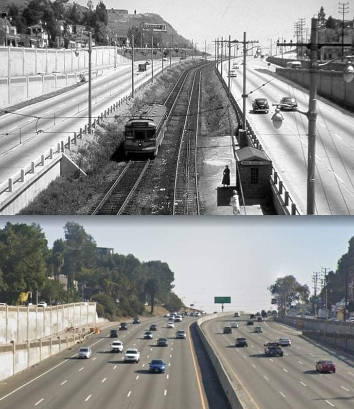 1948 vs. 2021 - Looking SE from the top of Barham Bridge in Cahuenga Pass. Fun Fact: 1952 was the last year Pacific Electric Railway trolleys ran down the center of the 'Cahuenga Pass Freeway.' Courtesy of Jack Feldman of Southern California Nostalgia (Original + Official).