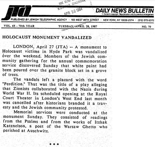 #OnThisDay 1987: the desecration of the same Holocaust memorial. The antisemitic vandals left a calling card name-checking Jim Allen and Ken Loach’s play, Perdition.