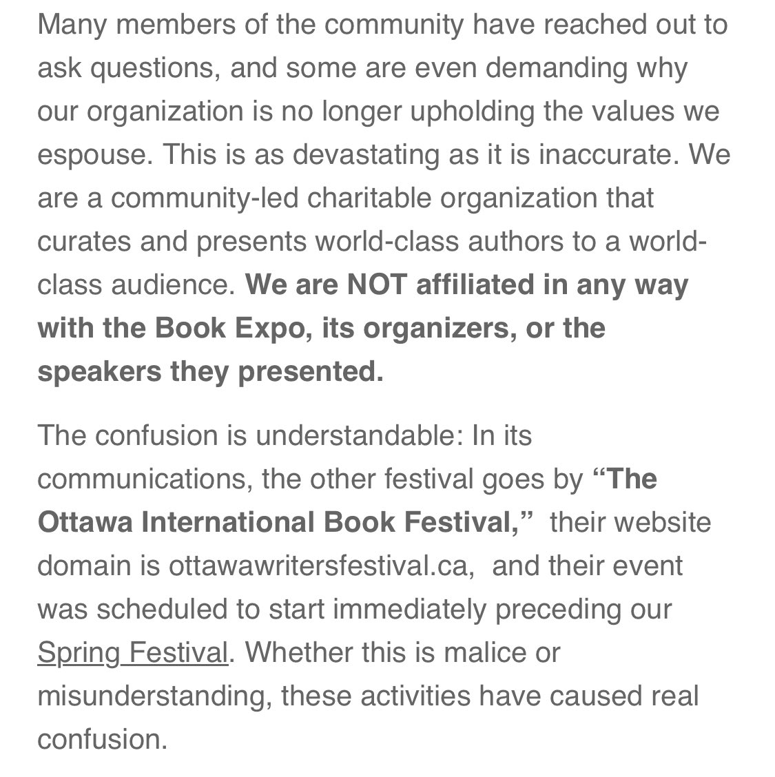The Ottawa International Writers Festival (@Writersfest) has issued a statement clarifying they are not the same org as the Ottawa International Food and Book Expo. They’ve gotten angry feedback, in part because the Ottawa Book Expo bought the URL: ottawawritersfestival dot ca.