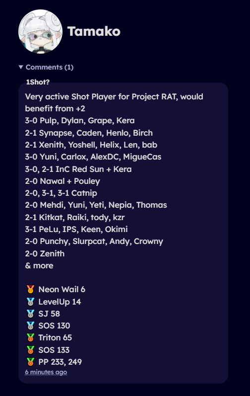 NotTamako's tweet image. i was suggested to +2 by 1shot! 🙏 

i think ive improved a lot as a player since the last votings so im glad i got the opportunity again :3