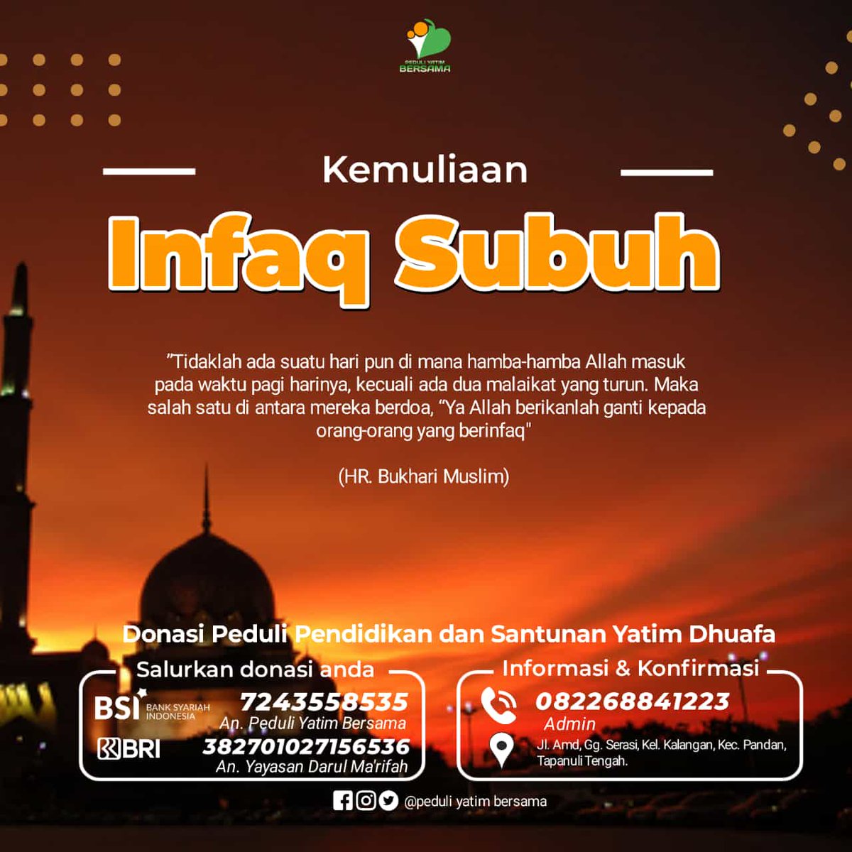 HadaitFiman's tweet photo. Bismillah..
Yuk sahabat raih keberkahan pagi ini dgn tetap istiqomah melakukan infaq setiap subuh😊
@PeduliYatimBrsm https://t.co/IR496ouQY3