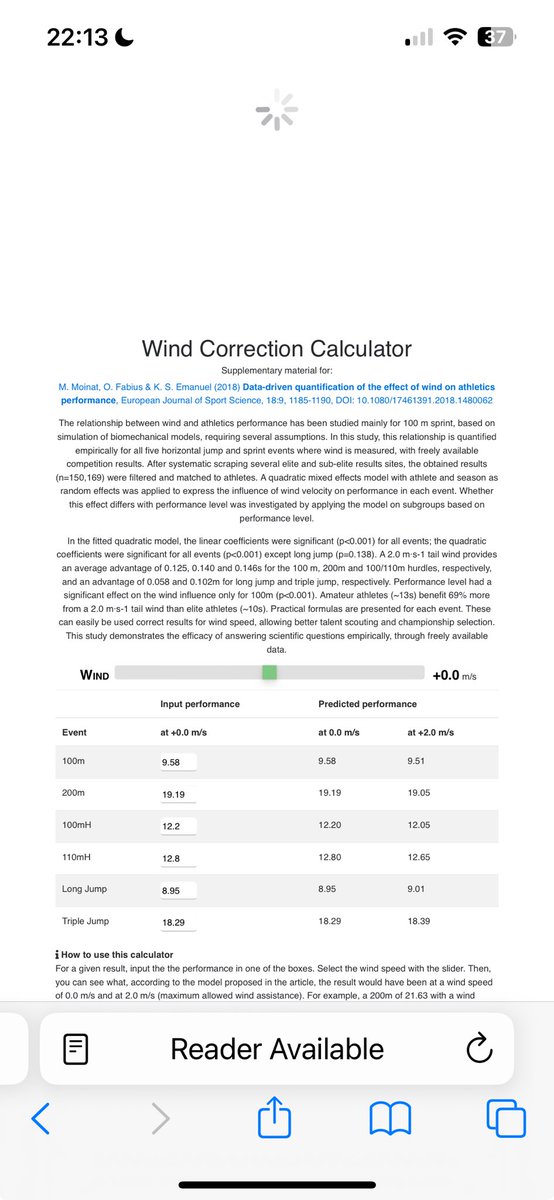 ⁦@rhasidatadeleke⁩’s winning ‘windy’ time in Texas on Saturday of 10.84 secs (3.5m/s) converts to a ‘legal’ 10.89 secs according to European Journal of Sport Science windspeed adjustment calculator…