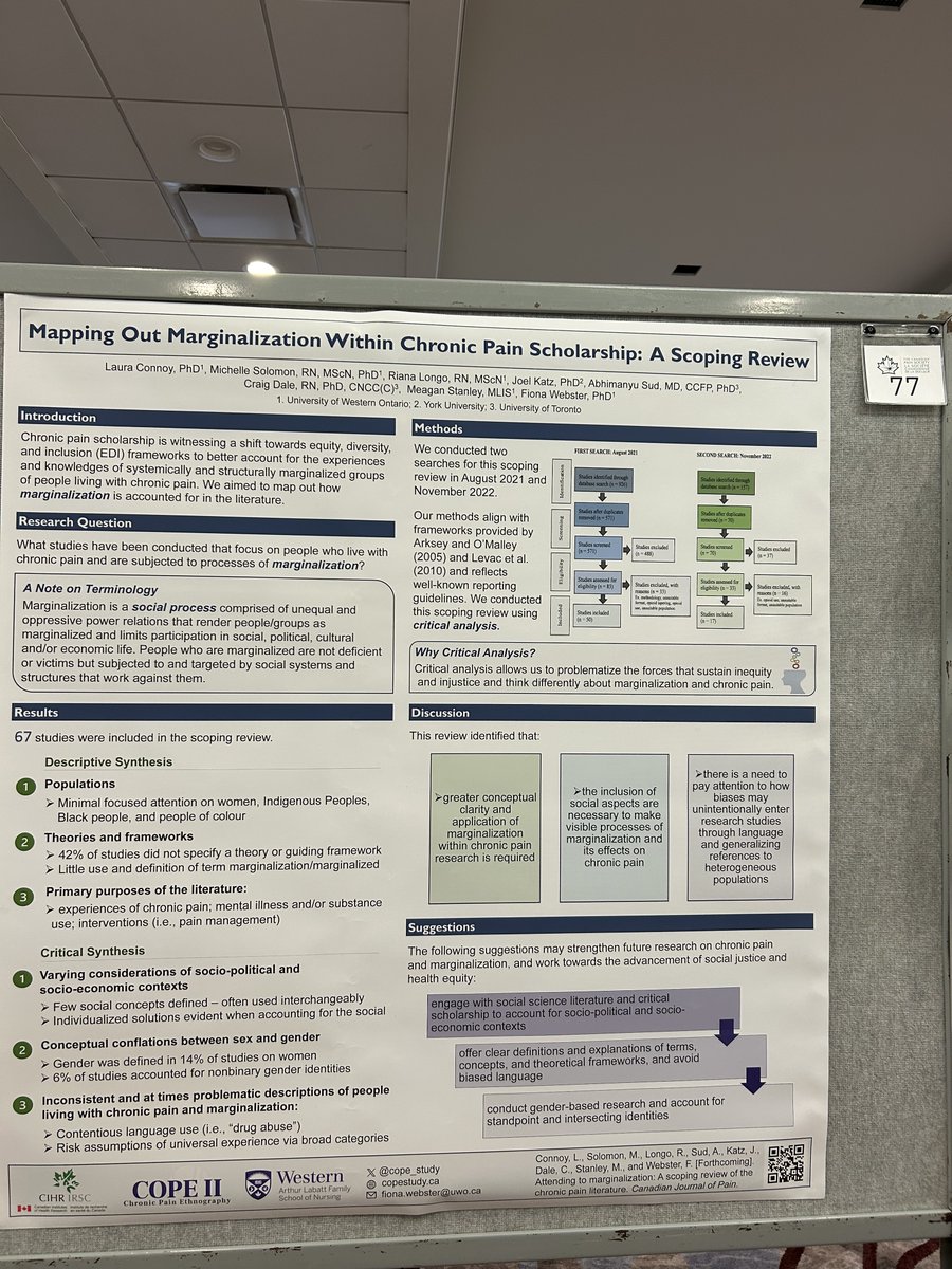 Be sure to visit poster #77 this afternoon where postdoc @LauraConnoy will present the findings of our scoping review on #ChronicPain and marginalization. #CanadianPain24