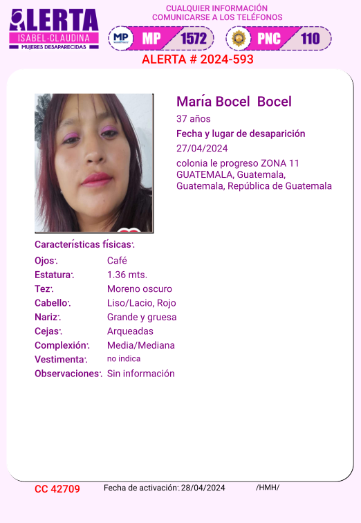 #AlertaIsabelClaudina
📷 Ayúdenos a encontrar a
María Bocel Bocel
Desapareció el 27 de Abril de 2024
Cualquier información comunicarse al teléfono  📷 1572
Gracias por difundir esta información📷