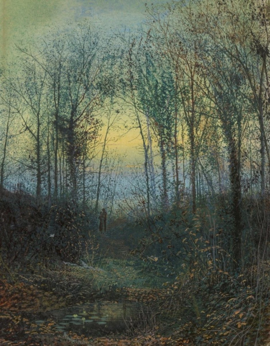 'Lovers in a Wood.' (c1871) What John Atkinson Grimshaw achieves in his moonlight pictures, is a sense of romance, atmosphere, poetry, and mood made up of simple elements with a Pre-Raphaelite intensity and attention to detail. A decade before this work was made, he befriended