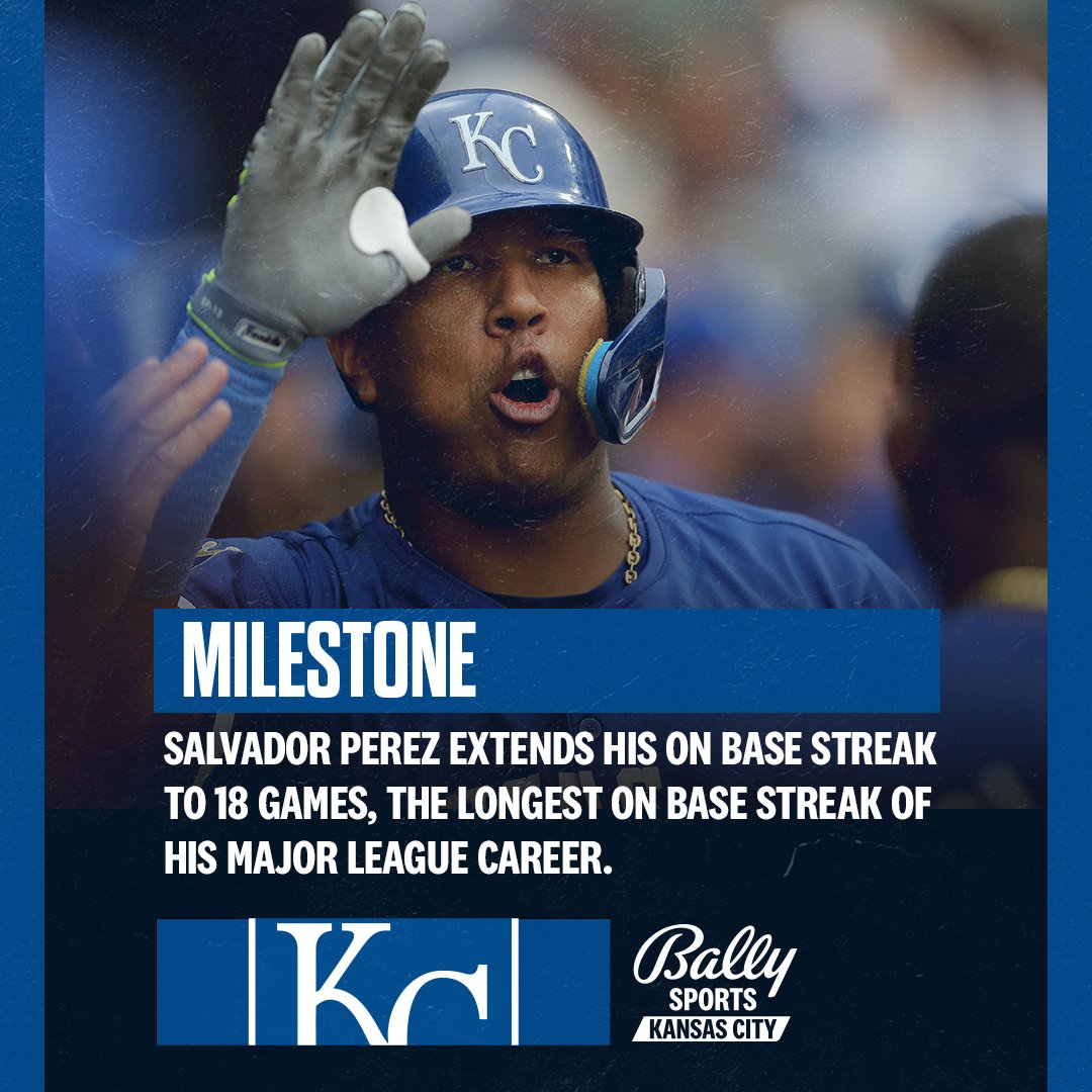 With a walk in the top of the ninth inning, Salvador Perez extends his on base streak.