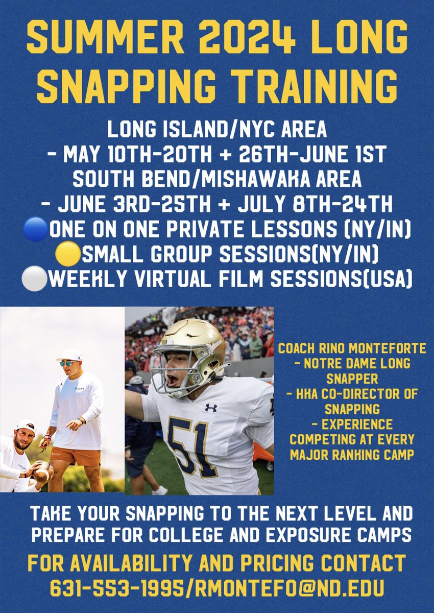 Long Snappers❗️ I will be running in-person lessons this May in the LI/NYC Area and June/July in the South Bend/Mishawaka Area. I will also be working weekly virtual film sessions nationwide. Come and enhance your game this Summer! All information is below ⬇️ @HKA_Tanalski
