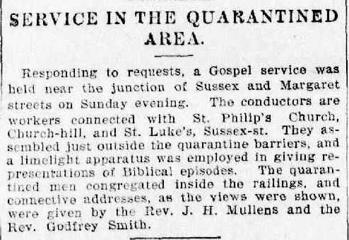 AustAnglican's tweet photo. Outdoor Sunday service, 29 April 1900, for those under lockdown due to bubonic plague. Notice how the service leaders assembled "just outside the quarantine barriers." And technology! A "limelight apparatus" - like an OHP or data projector. #anglican @jmoff #124years https://t.co/juLEGatfqH