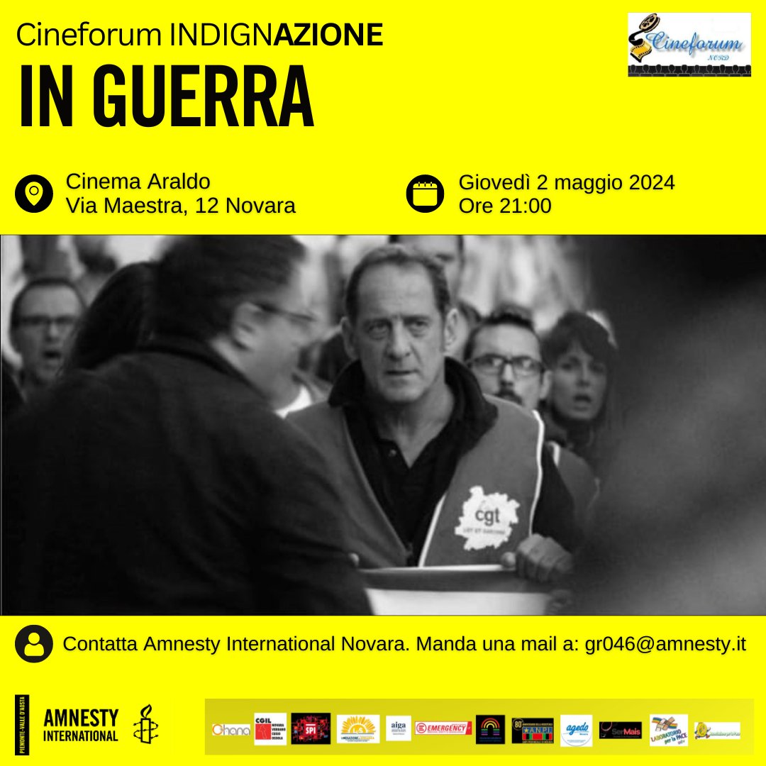 Questa settimana a NOVARA: Cineforum IndignAZIONE Giovedì 2 maggio 2024, ore 21:00 Cinema Araldo, Via Maestra 12, #Novara IN GUERRA diretto da Stéphane Brizé (Francia 2018 - 106') Info: gr046@amnesty.it @amnestyitalia @AmnestyNovara