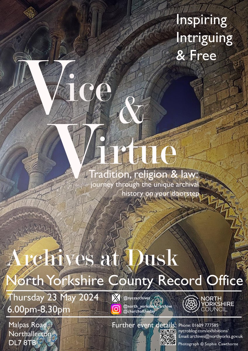Inspiring, intriguing and FREE! This year's Archives at Dusk event, Vice and Virtue, is on Thursday 23 May @ the Record Office Join us any time from 6pm to 8.30pm. Free entry and everyone welcome 😃 For more info check out nycroblog.com/exhibitions/