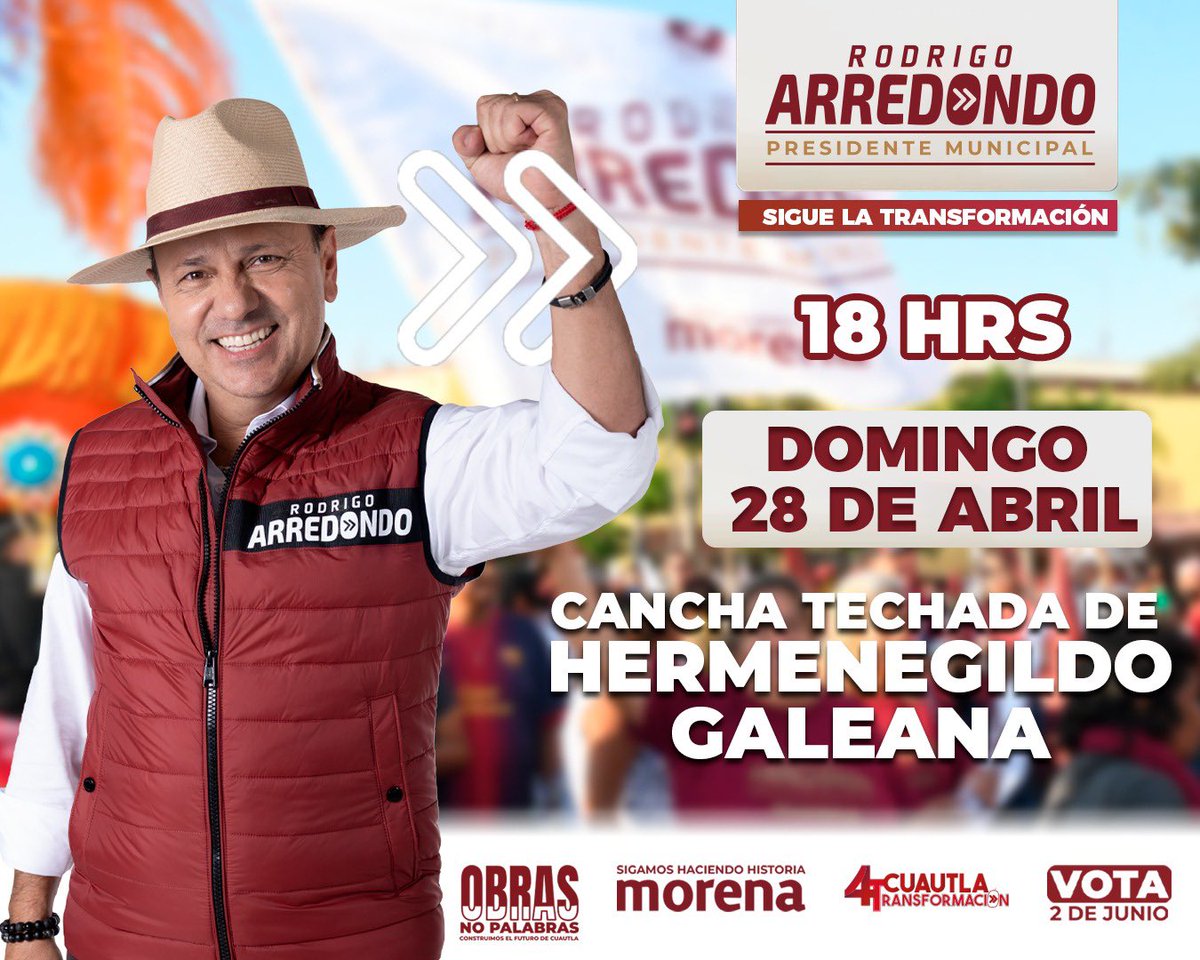 Nos vemos hoy domingo 🗓️ 28 de abril a las 6 pm en la 📍Cancha Techada de Hermenegildo Galeana, donde escucharemos propuestas y necesidades. ¡Allá nos vemos! 🤩 #RodrigoArredondo #CuautlaTransformación #Elecciones2024