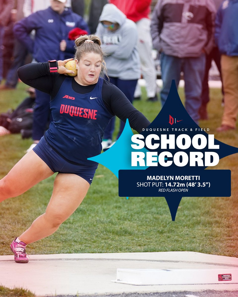 Madelyn Moretti shattered her own school record in the shot put with a 14.72m mark in first place of this weekend's Red Flash Open! Moretti also won the discus event with a long of 44.65m. #GoDukes
