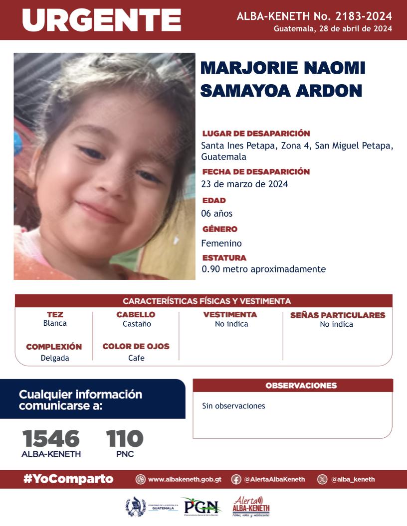 #AlertaAlbaKeneth⚠️| Marjorie Naomi Samayoa Ardon de 06 años de edad. Desapareció el 23 de marzo de 2024, en Santa Ines Petapa, Zona 4, San Miguel Petapa, Guatemala. 🔁Comparte y ayúdanos con su localización. 📞Si tienes información llama al 1546. #YoComparto