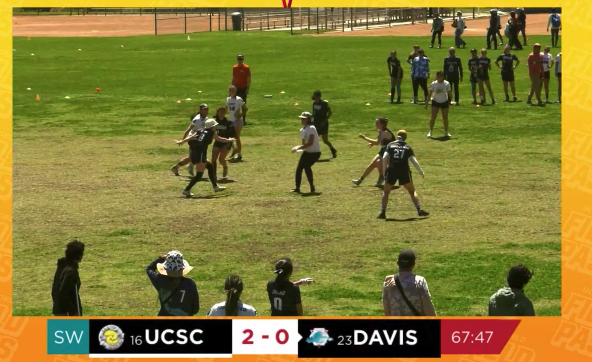 Final game-to-go of the weekend! UCSC v. UC Davis in the Women's 4th place matchup in the Southwest. Tune in live: ultiworld.com/video/158854/f…