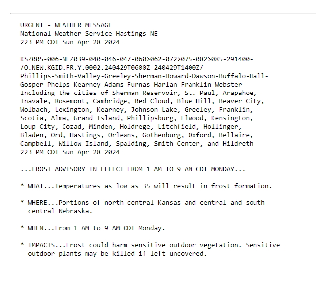 I can't believe I'm putting this in....  

Frost Advisory for numerous counties in central Nebraska from 1am tomorrow morning til 9am.    

Don't forget to cover your plants before dark....  🙄
#newx #frostadvisory