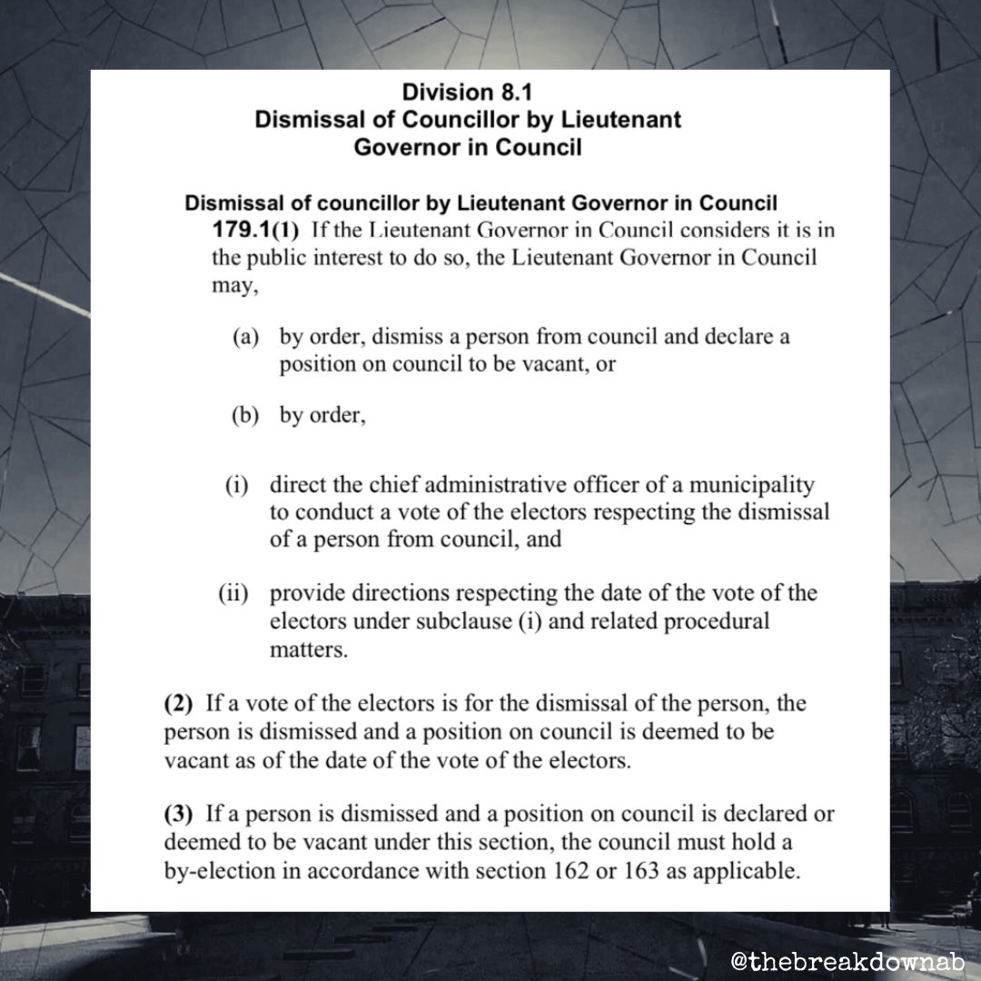 There's another problem with Bill 20. It's a back door to recall. If Executive council doesn't want to dismiss a municipal elected official outright, they can use the same 'Public interest' requirement to hold a recall vote. No petition. No signatures. #abpoli #ableg #cdnpoli