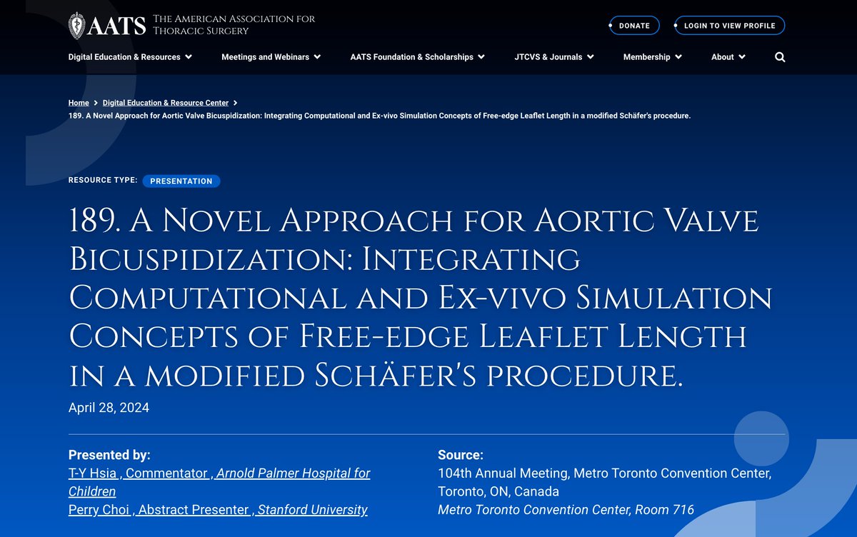 @AATSHQ #AATS2024 ✨ Presentation by @StanfordCTSurg Dr. Perry Choi on a novel approach for aortic valve bicuspidization by integrating computational & simulation concepts of free-edge leaflet length in a modified Schäfer's procedure. Learn more at: ow.ly/ajX850RpOy3