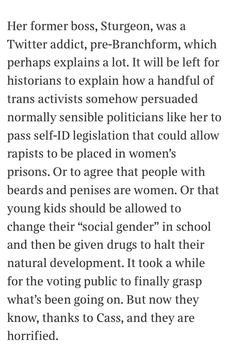 Yousaf may be doomed but he was right to ditch the Greens. Their leader denied the scientific validity of the Cass Review. LGBT Greens accused Cass of “social murder”. Defended puberty blockers. Greens were the ‘wrong side of history’. My Times column: thetimes.co.uk/article/yousaf…