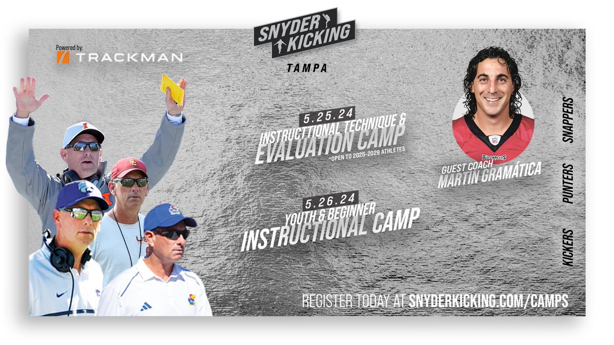 Looking forward to holding our first camp together with Martin Gramatica. Lou Groza Winner- All American- K-State Hall Of Fame and Ring of Honor - Long Time NFL Kicker - Tampa Bay Buccaneer etc... Held @ G Sports, Trinity, Florida. Sign up today snyderkicking.com/camps/ Youth/