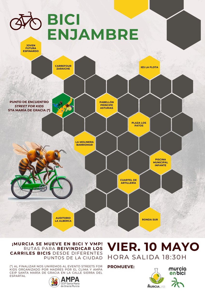 El viernes 10 de Mayo a las 18:30 nos unimos a @murciaenbici @murcia_lab y os animamos a circular con vuestras 🚲 y 🛴 desde diferentes puntos de la ciudad para reivindicar los carriles bicis. En #RondaSur saldremos desde la estación medidora del aire en el Paseo Florencia.