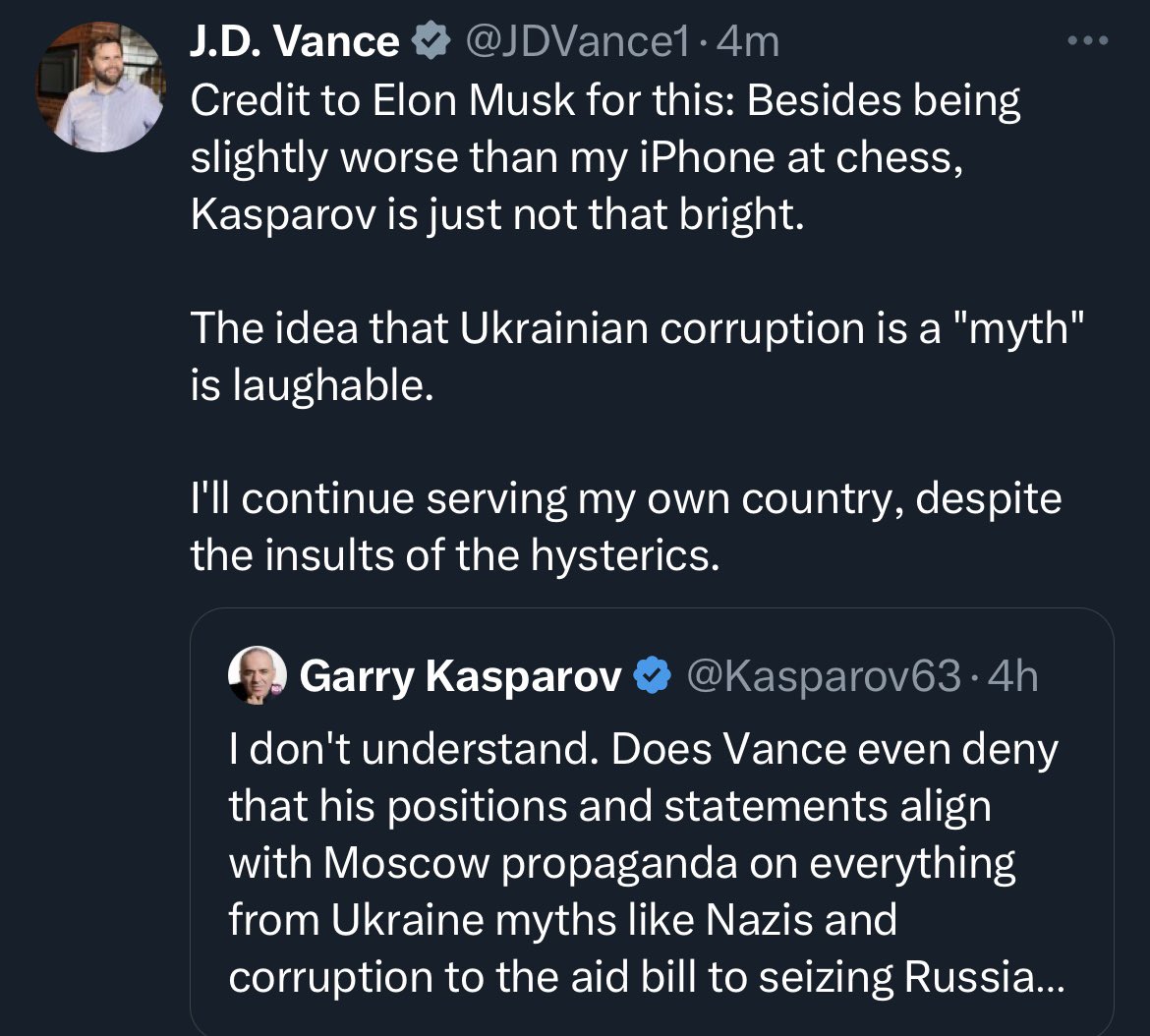 Yes, the World Chess Champion for 15 consecutive years and #1 player in the world for a record 255 months sucks at chess, isn’t that bright, and JD isn’t a Putin Puppet. Got it.