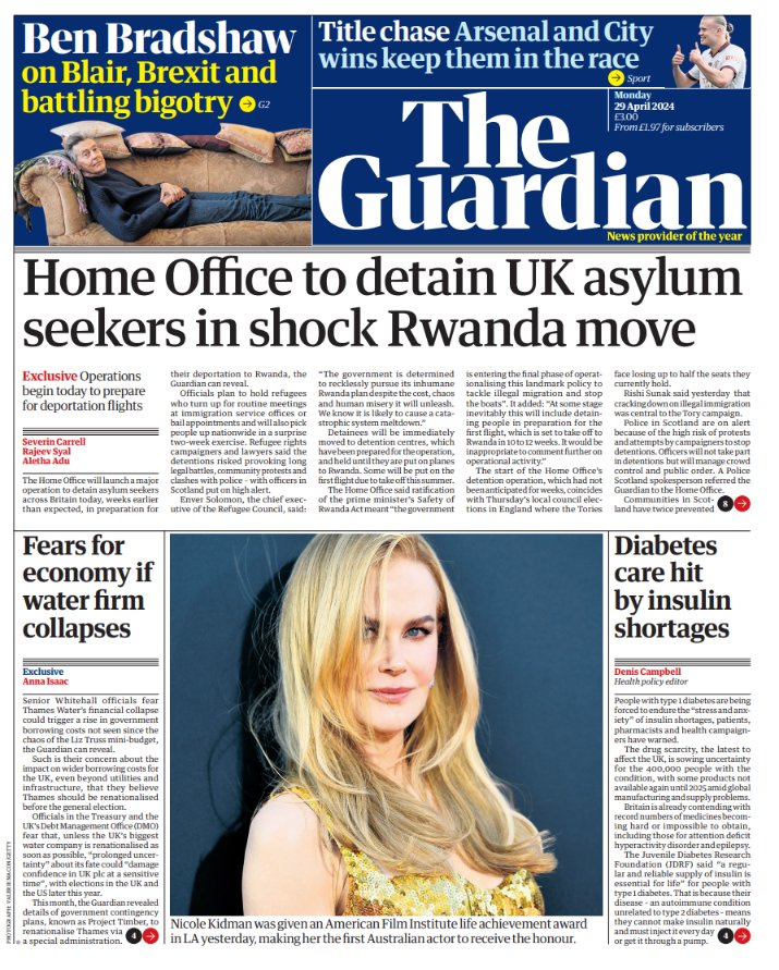 TOMORROW'S PAPERS: #TheGuardian
MORE: T.LY/Tqn-N
An exclusive leads front page of THE GUARDIAN, as they report the Home Office are to detain UK Asylum Seekers across Britain in a major operation.
#TomorrowsPapersToday
#PressPreview
#NewsReview
#InformingBritainPapers