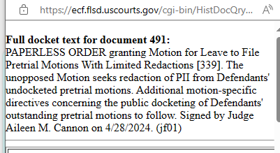 Judge Cannon's unsealing crusade is about to get even more interesting. She just issued an order authorizing the release of motions currently under seal including Trump's motion to dismiss for selective/vindictive prosecution. I will be on docket watch and post when available!