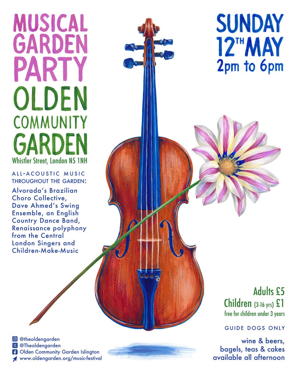 Olden Community Garden is hosting its annual music day on Sunday 12 May, 2 to 6pm. Everyone is welcome. Licensed bar, tea and cakes. #Highbury #islington