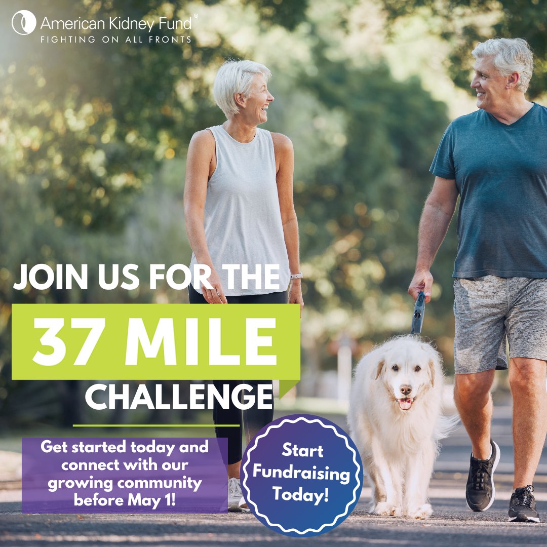 KidneyFund's tweet photo. AKFβs 37 Mile Challenge kicks off on May 1st, but you can get started fundraising and logging miles NOW! Don't forget β once you raise $200 you can claim your #37MC t-shirt! π Get started fundraising: https://t.co/53EPEC0eOZ https://t.co/VepUFJjI2c