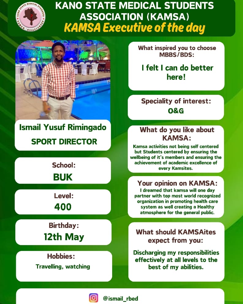 KAMSA_National's tweet photo. Meet Ismael Yusuf Rimingado from BUK, the person responsible for Kamsa sports activities.

#kamsa #kamsa2024 #kamsanationalbody #kamsanatbody #kamsanational #executive_of_the_day #sportdirector https://t.co/iMGxmrozFZ