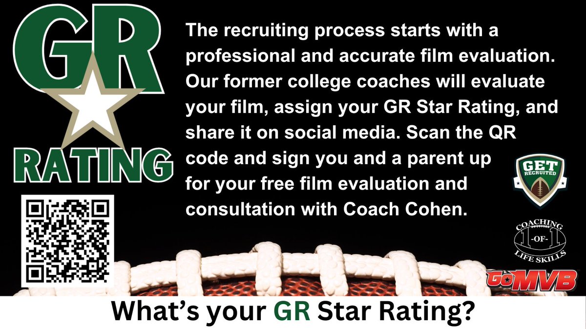 What's your GR Star Rating. Scan the QR code or click the link to schedule you and a parent for your free film evaluation and consultation: loom.ly/2BtMUsw Let us help you get college offers. @Coach_Brady @PremiunSports @GoMVB @jerryflora1 @1of1lifeskills