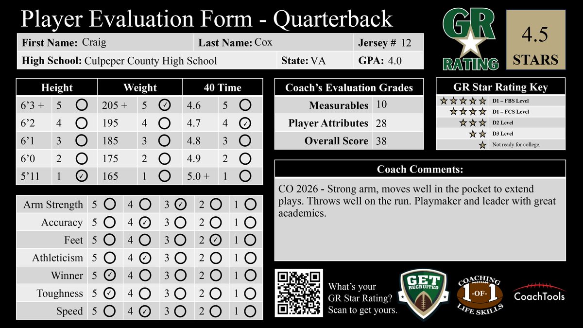 Example of our GR Star Player Evaluation form. Scan the QR code or click the link to schedule you and a parent for your free film evaluation and consultation: loom.ly/2BtMUsw What's your GR Star Rating? @Coach_Brady @PremiunSports @GoMVB @jerryflora1 @1of1lifeskills