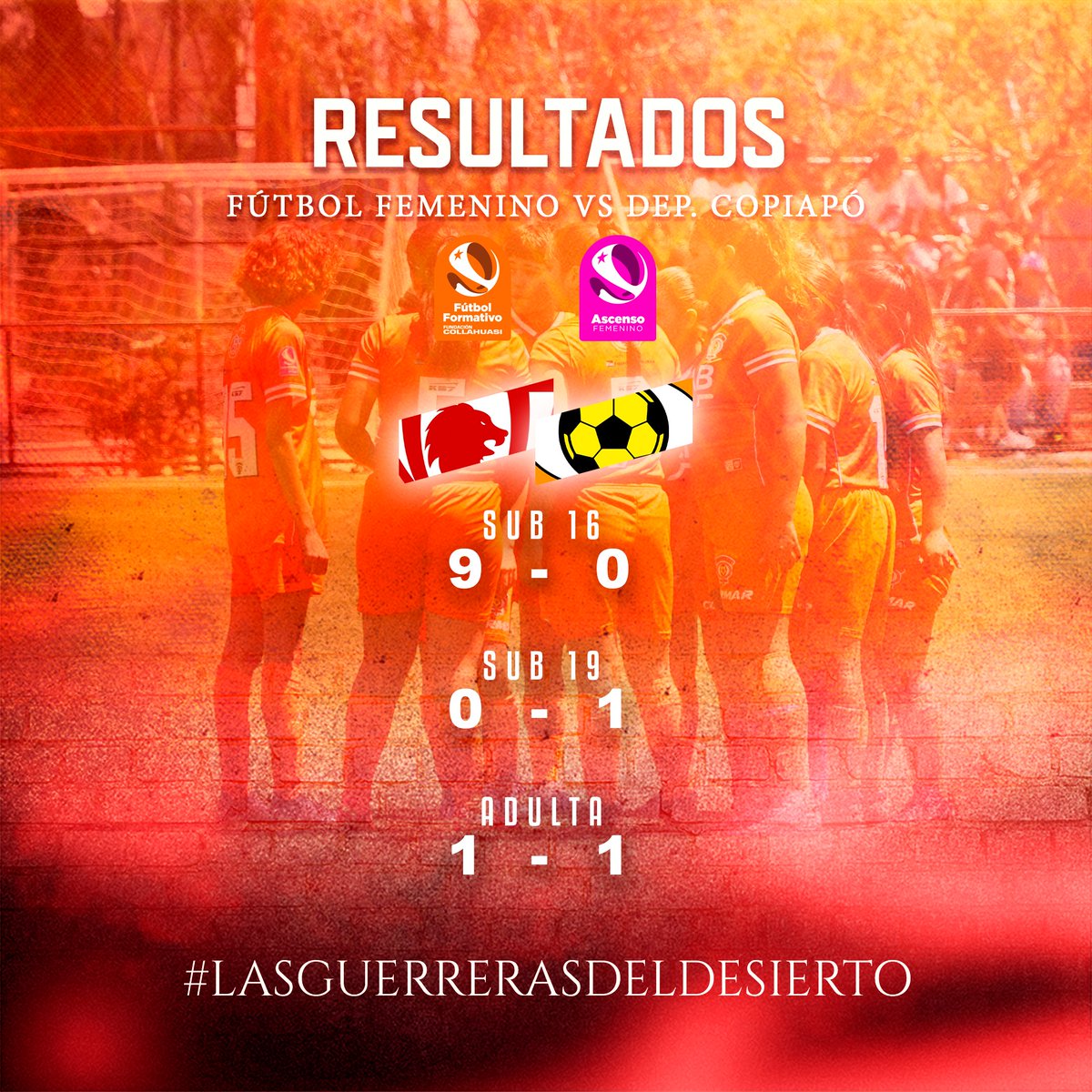 🟠⚪️ RESULTADOS DEL FÚTBOL FEMENINO. Este domingo nuestras distintas categorías se enfrentaron en la Región de Atacama a Deportes Copiapó por sus respectivos campeonatos como el #FormativoCollahuasi y el #AscensoFemenino.