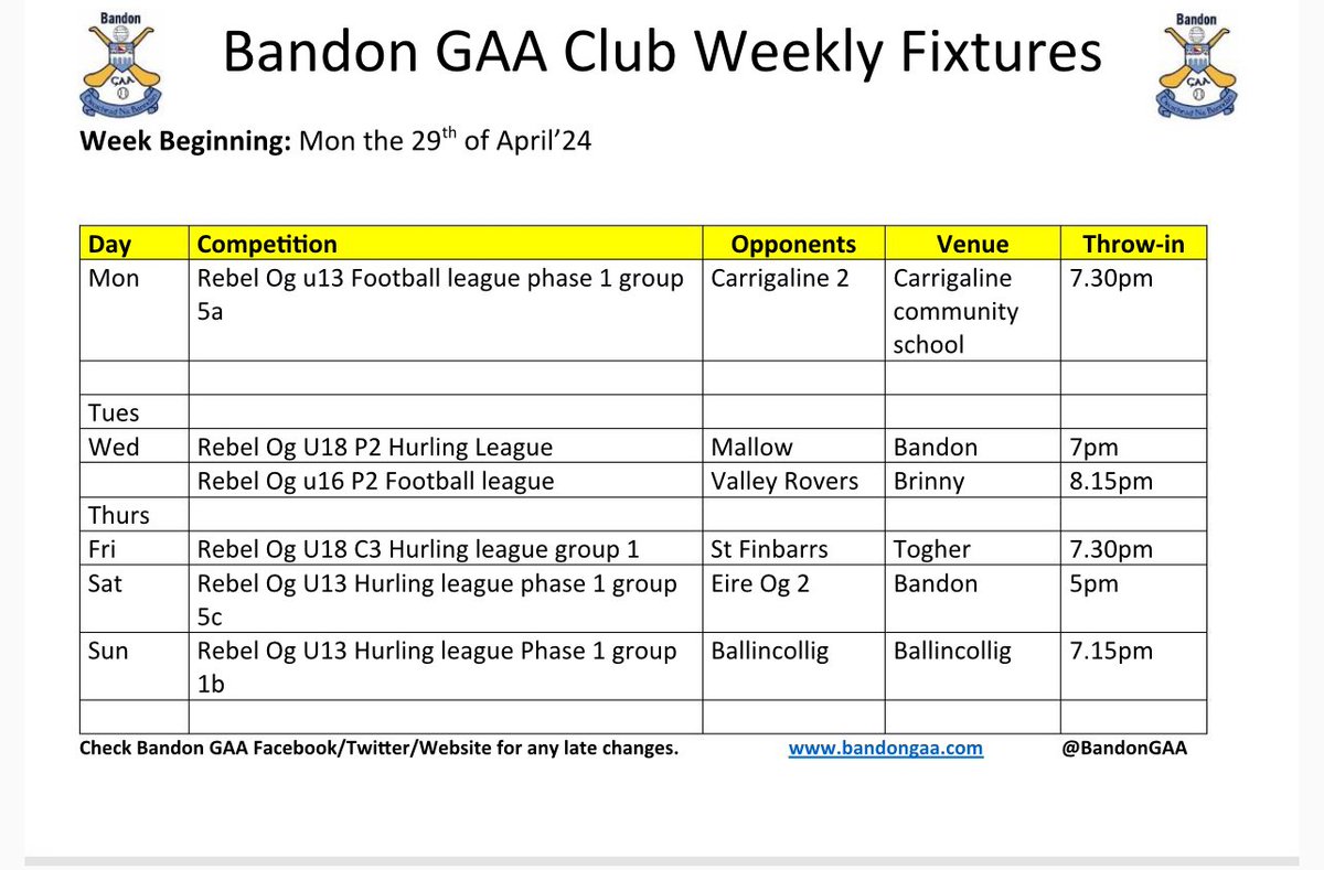Upcoming underage fixtures. Best wishes to all teams, players and coaches! Bandon Abú 🟡 ⚪️