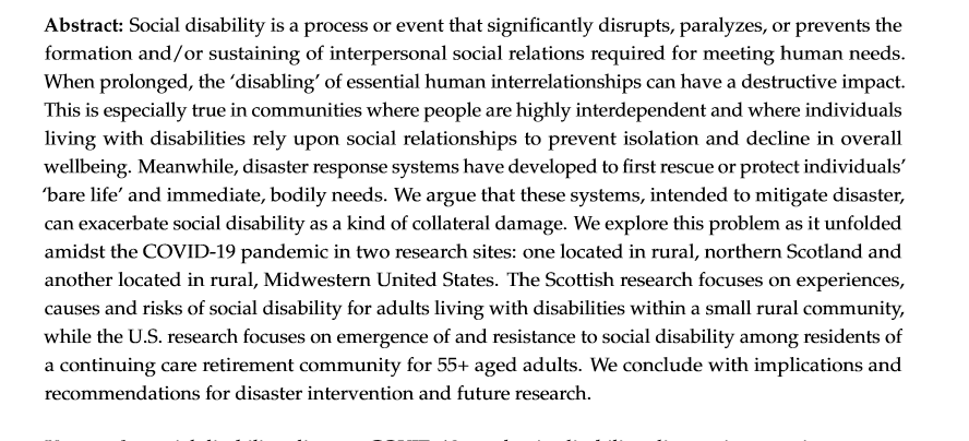 New #article from Connon et al: Social Disability as Disaster: Case Studies of the COVID-19 Pandemic on People Living with Disabilities TL;DR: systems intended to mitigate disaster can exacerbate social disability as a kind of collateral damage. semanticscholar.org/reader/b1db846…