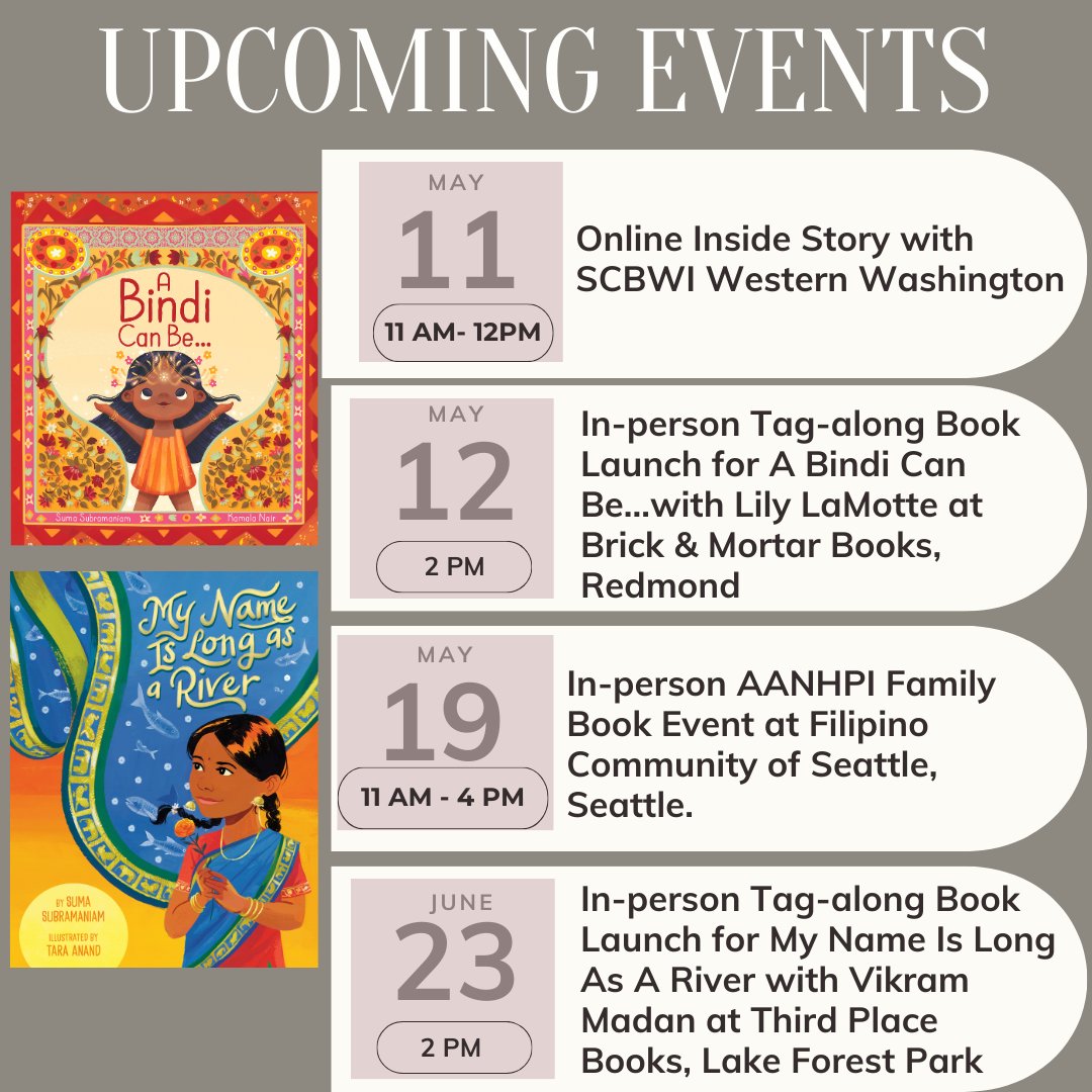 A Bindi Can Be... and My Name Is Long As A River will make their way into the world on May 7th and May 28th. Here are some upcoming events. Hope to see old and new friends there! The current full schedule is updated on my website: sumasubramaniam.com/recent-news/ 24s