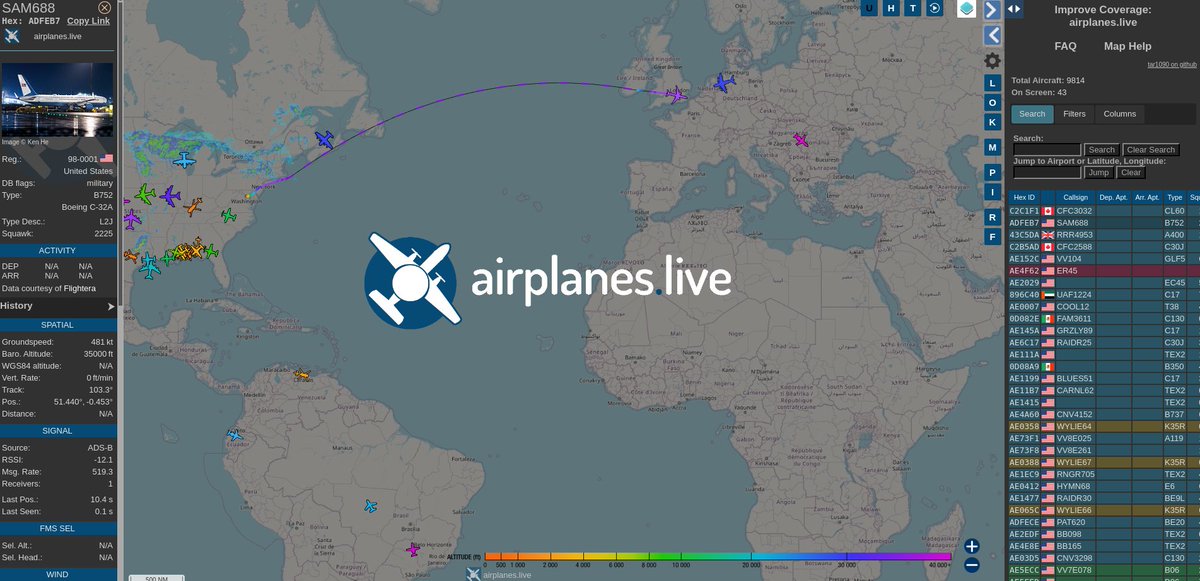 Boeing C-32A #SAM688 #ADFEB7 98-0001 on MLAT.  Thanks to the dedicated users and dadta contributors at Airplanes.Live!

Contribute Data:
airplanes.live/get-started/