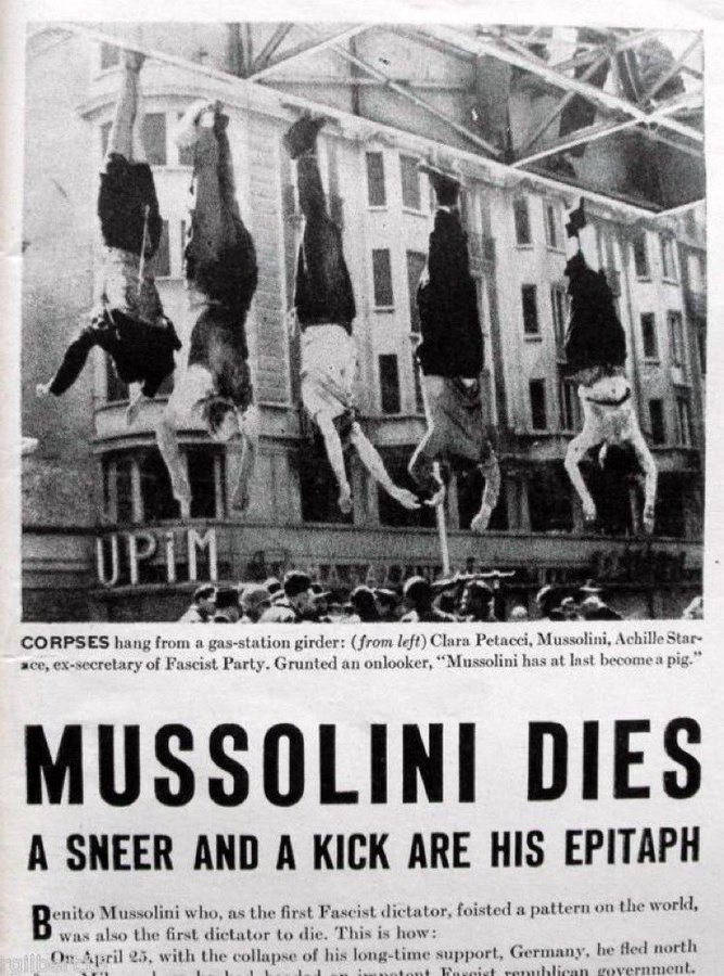 28 Nisan 1945 Böyle tarihi anları unutmamak gerek. Mussolini ve metresi Clara Petacci, İtalyan partizanlar tarafından idam edildiler. Cesetleri daha sonra bir benzin istasyonunun çatısına asıldı. Diktatörünü ayağından çatıya asamayan bir milletten bir bok olmaz…
