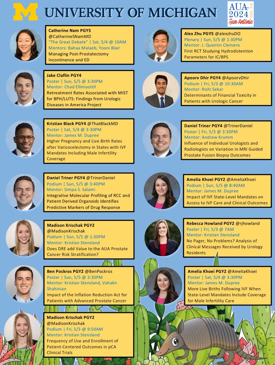 It’s officially #AUA24 week! 

So proud of our (10!!) residents, who will be busy in San Antonio 🌵

Come and support them!