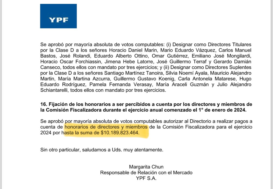 ItaiHagman's tweet photo. Bueno, ahora sí. EL último viernes 26 de abril, en asamblea de accionistas de YPF finalmente se aprobó un monto de $10.189.823.464. para ser distribuido entre los directores y (muy minoritariamente) la comisión fiscalizadora. Es CINCO veces mayor al de 2023, lo que llevaría a un honorario MENSUAL promedio de 70 millones. Entre ellos está el vicejefe de gabinete José Rolandi, que muy generosamente (?) resignó su sueldo de funcionario (más de 10 veces menor al de YPF) y Nicolás Posse, que todavía no aclaró si va a cobrar ambos sueldos en simultáneo. Sigo esperando que contesten mi pedido de información pública al respecto. Parece que hay castas... y castas.