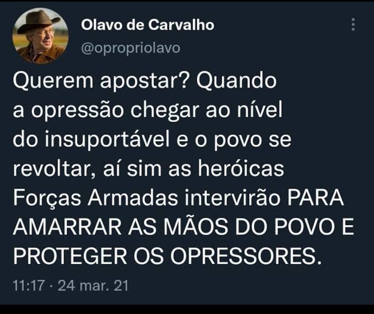 Olavo de Carvalho era gênio!!! Já sabia que as FFAA eram comunistas, , que sempre foram contra o povo Brasileiro.  #Bloquearasffaa