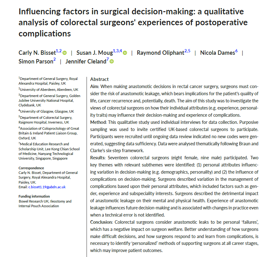 Interesting @ColorectalDis study from our colleagues across the pond that explores an exceptionally important topic: the impact that #AnastomoticLeaks have on the surgeon's wellness and future decision-making. We all quietly carry around our small cemeteries, but the most proven…