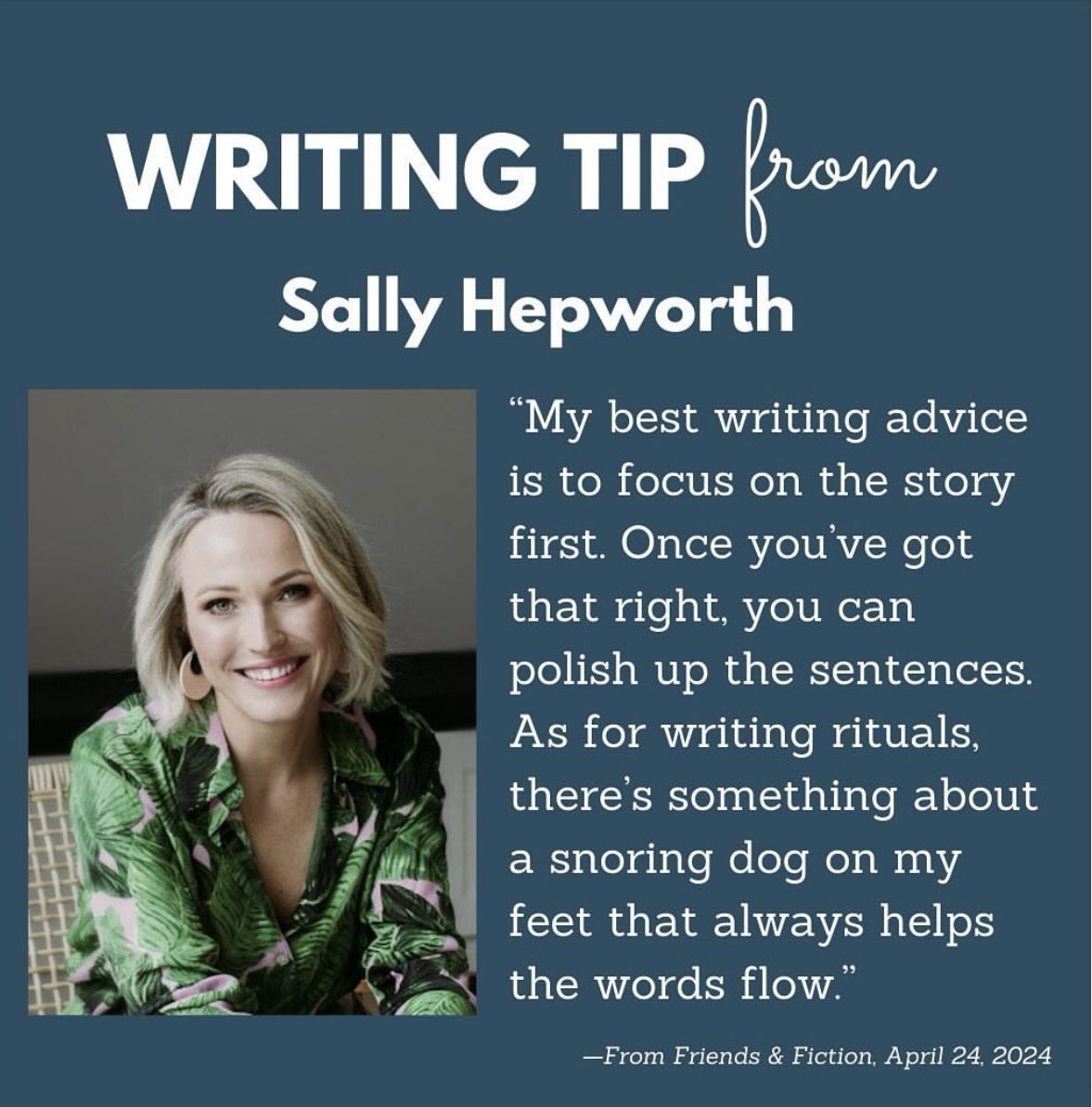 A writing ✍️ tip from Sally Hepworth, a recent guest on Friends & Fiction. ICYMI, watch now: youtube.com/watch?v=mpJqPC…